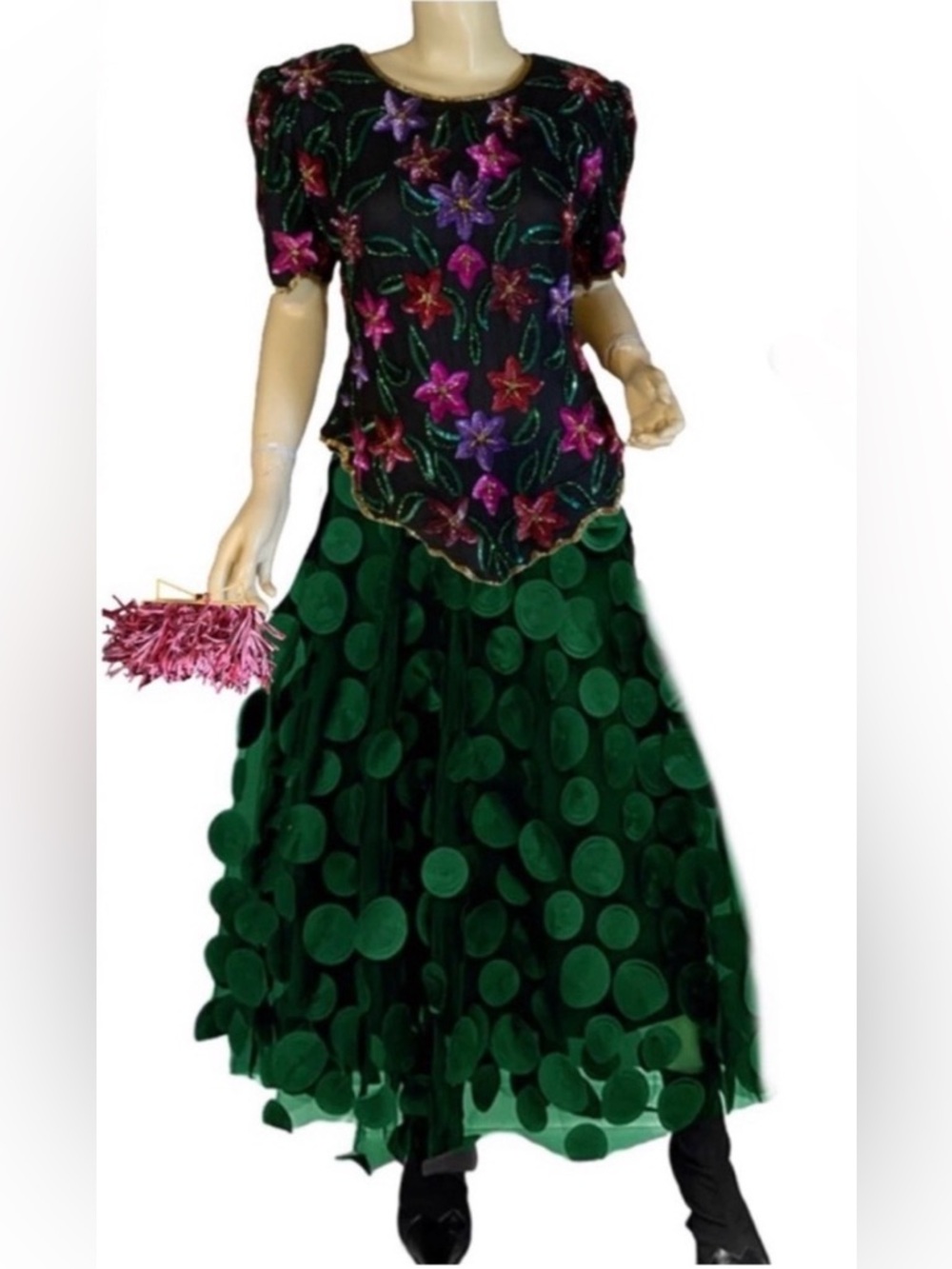 VINTAGE 1980’S LAURENCE KAZAR BLACK WITH COLORFUL FLORALS SEQUIN BLOUSE (L)